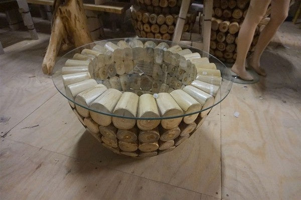 teakhouten salontafel met glasplaat