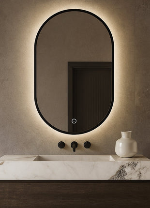 Badkamerspiegel Ovaal Zwart 90 x 60 cm - Led Verlichting en Anti Condens verwarming - Ovale Badkamerspiegel