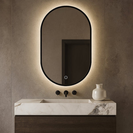 Badkamerspiegel Ovaal Zwart 90 x 60 cm - Led Verlichting en Anti Condens verwarming - Ovale Badkamerspiegel