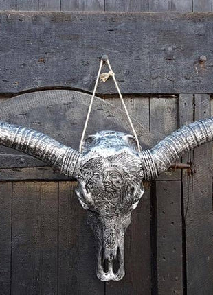 Longhoorn gegraveerd 1 meter breed zilver