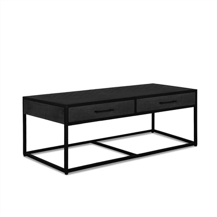 Salontafel Zwart Visgraat met Metalen Frame en 2 Lades - 120 x 60 x 45 cm