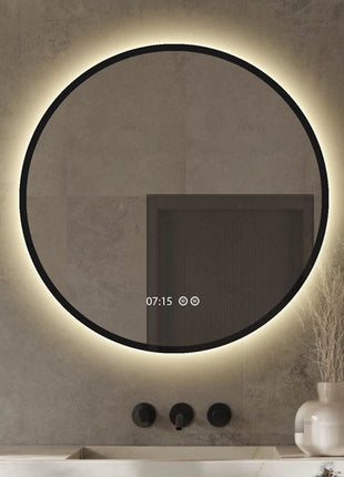 Badkamerspiegel met Digitale Klok Rond 60 cm Met Verlichting en Verwarming - Mat Zwart Metalen Rand