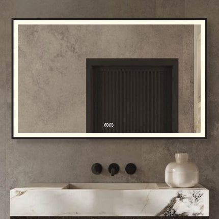 Badkamerspiegel met Klok en Verlichting - Anti Condens Verwarming - Badkamerspiegel Met Zwarte Rand - Zwart Frame - Zwart - 80 x 60 cm