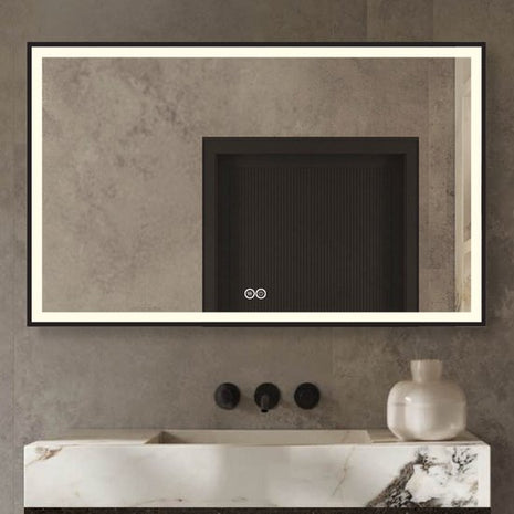 Badkamerspiegel met Klok en Verlichting - Anti Condens Verwarming - Badkamerspiegel Met Zwarte Rand - Zwart Frame - Zwart - 80 x 60 cm