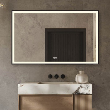 Badkamerspiegel met Klok en Verlichting - Anti Condens Verwarming - Badkamerspiegel Met Zwarte Rand - Zwart Frame - Zwart - 80 x 60 cm