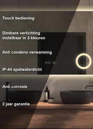 Vtw Living - Badkamerspiegel met LED Verlichting en Verwarming - Digitale Klok en Vergrootglas - 120 x 80 cm