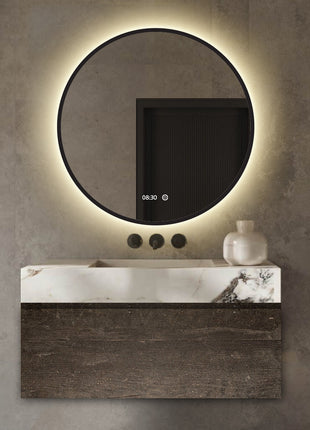 Badkamerspiegel met Digitale Klok Rond 80 cm Met Verlichting en Verwarming - Mat Zwart Metalen Rand