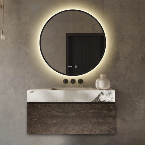 Badkamerspiegel met Digitale Klok Rond 80 cm Met Verlichting en Verwarming - Mat Zwart Metalen Rand
