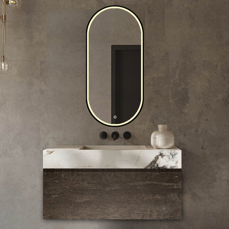 Badkamerspiegel Ovaal met LED-verlichting en Anti Codens Verwarming - Mat Zwart - 50x100 cm