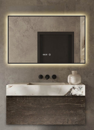 Badkamerspiegel met Klok en Verlichting - Anti Condens Verwarming - Badkamerspiegel Met Zwarte Rand - Zwart Frame - Zwart - 80 x 60 cm