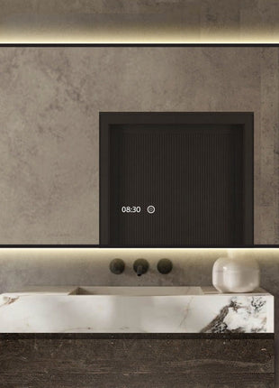 Badkamerspiegel met Klok en Verlichting - Anti Condens Verwarming - Badkamerspiegel Met Zwarte Rand - Zwart Frame - Zwart - 80 x 60 cm