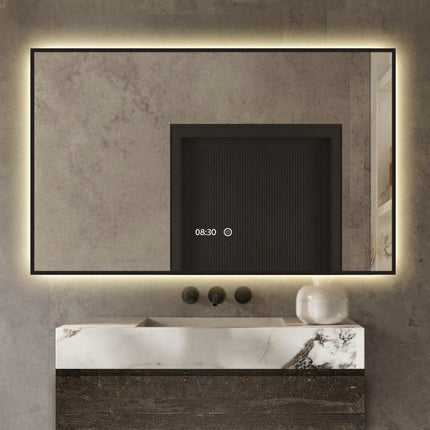 Badkamerspiegel met Klok en Verlichting - Anti Condens Verwarming - Badkamerspiegel Met Zwarte Rand - Zwart Frame - Zwart - 80 x 60 cm