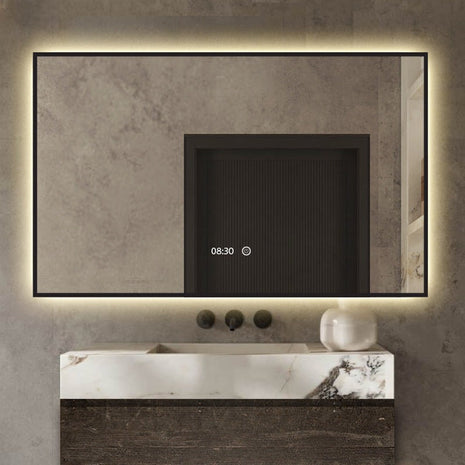 Badkamerspiegel met Klok en Verlichting - Anti Condens Verwarming - Badkamerspiegel Met Zwarte Rand - Zwart Frame - Zwart - 80 x 60 cm
