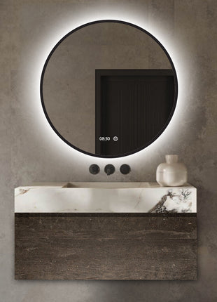 Badkamerspiegel met Digitale Klok Rond 80 cm Met Verlichting en Verwarming - Mat Zwart Metalen Rand