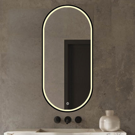 Badkamerspiegel Ovaal met LED-verlichting en Anti Codens Verwarming - Mat Zwart - 50x100 cm