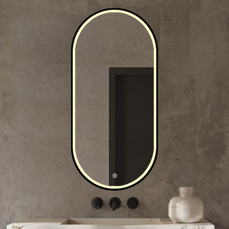 Badkamerspiegel Ovaal met LED-verlichting en Anti Codens Verwarming - Mat Zwart - 50x100 cm