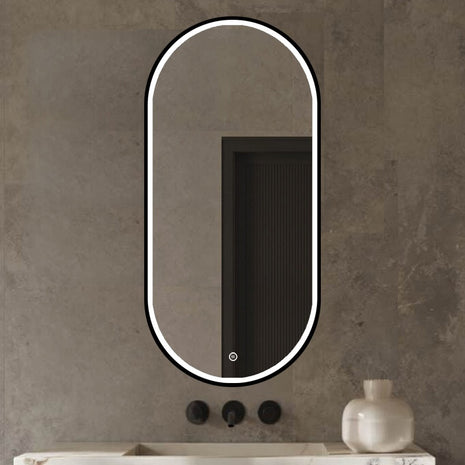Badkamerspiegel Ovaal met LED-verlichting en Anti Codens Verwarming - Mat Zwart - 50x100 cm