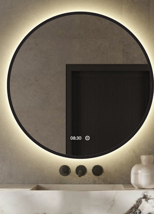 Badkamerspiegel met Digitale Klok Rond 80 cm Met Verlichting en Verwarming - Mat Zwart Metalen Rand