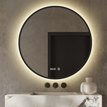 Badkamerspiegel met Digitale Klok Rond 80 cm Met Verlichting en Verwarming - Mat Zwart Metalen Rand