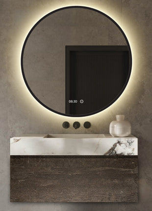 Badkamerspiegel met Digitale Klok Rond 60 cm Met Verlichting en Verwarming - Mat Zwart Metalen Rand