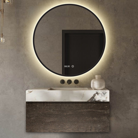 Badkamerspiegel met Digitale Klok Rond 60 cm Met Verlichting en Verwarming - Mat Zwart Metalen Rand