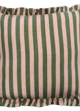 Kussen striped met roezels roze/groen 50x50cm