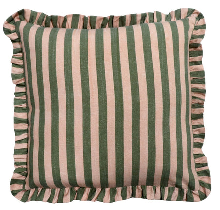 Kussen striped met roezels roze/groen 50x50cm